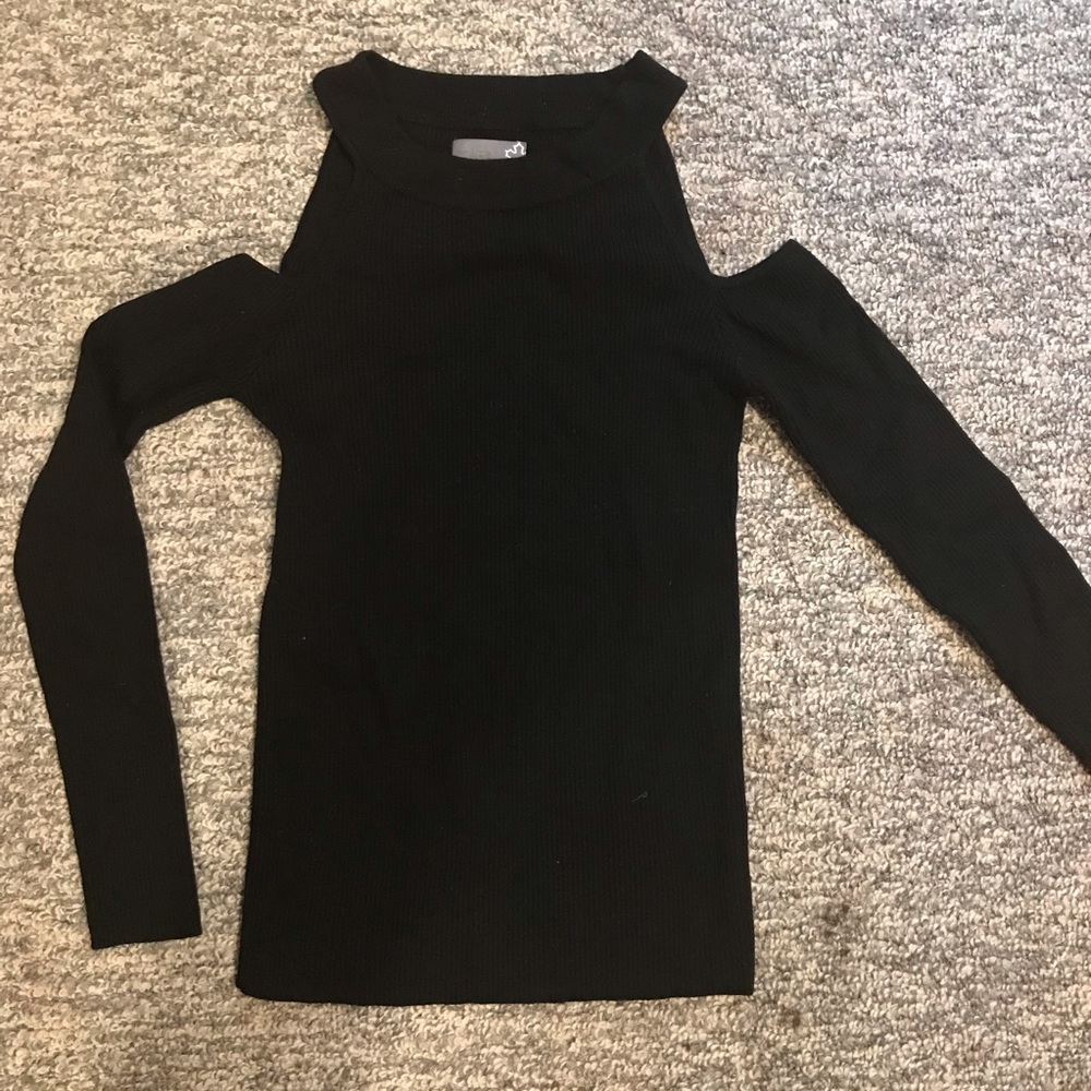 black knit shoulderless top